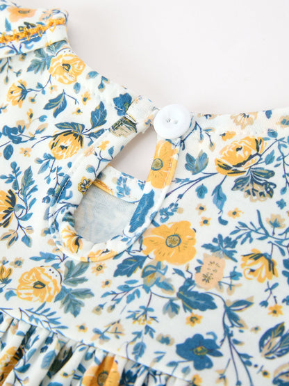 Floral Girls Dress Peter Pan Collar Yellow Trim Puff Sleeve Dress