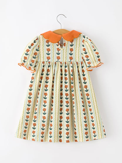 Fall Floral Stripe Girls Dress Petals Collar Smocked Puff Sleeve
