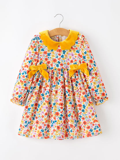 Floral Girls Dress Yellow Velvet Collar Bow Puff Sleeve Dress