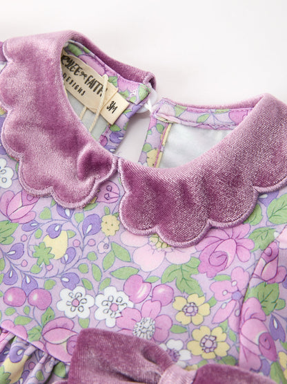 Purple Floral Velvet Baby Girl Outfit Set Ruffle Bow Bloomers