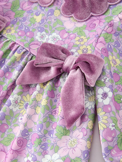 Purple Floral Velvet Baby Girl Outfit Set Ruffle Bow Bloomers