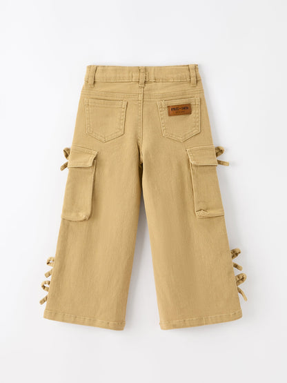 Girls Solid Cargo Leggings Side Bow Pocket Wide Leg Pants