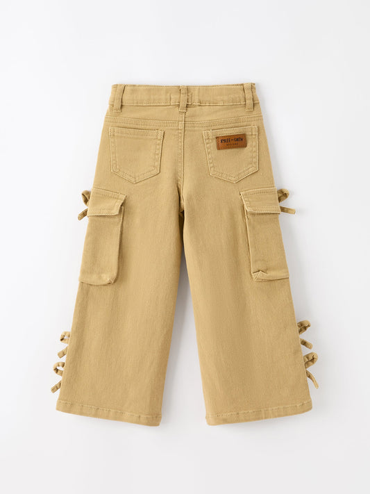 Girls Solid Cargo Leggings Side Bow Pocket Wide Leg Pants