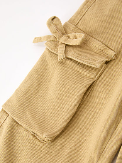 Girls Solid Cargo Leggings Side Bow Pocket Wide Leg Pants