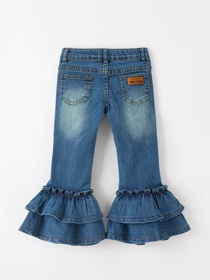 Girls Denim Leggings Ruffle Bell Bottom Pants