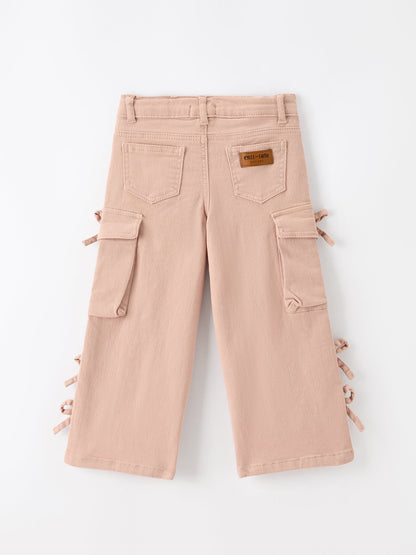 Girls Solid Cargo Leggings Side Bow Pocket Wide Leg Pants