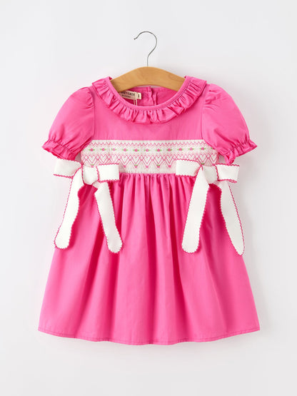 Fall Girl Hot Pink Ruffle Smocked Embroidery Dress