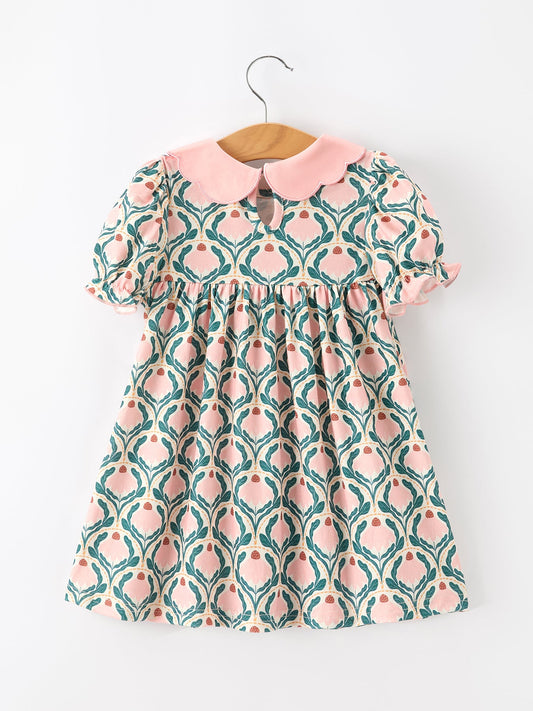 Fall Geometric Floral Girls Dress Petals Collar Smocked