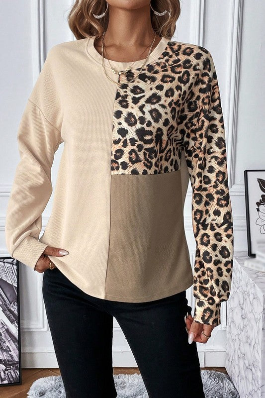 Pale Khaki Leopard Colorblock Waffle Knit Top