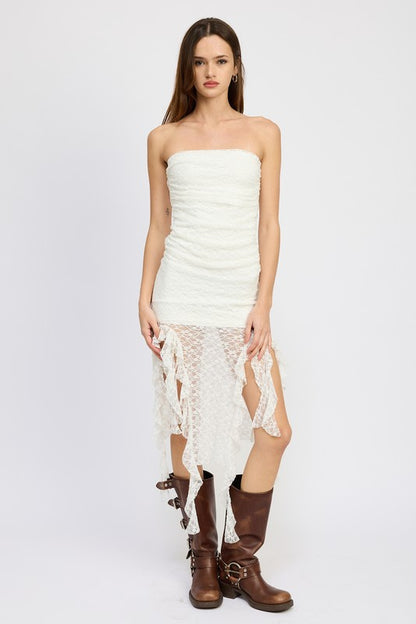 LACE TUBE DRESS WTIH RUFFLE DETAIL