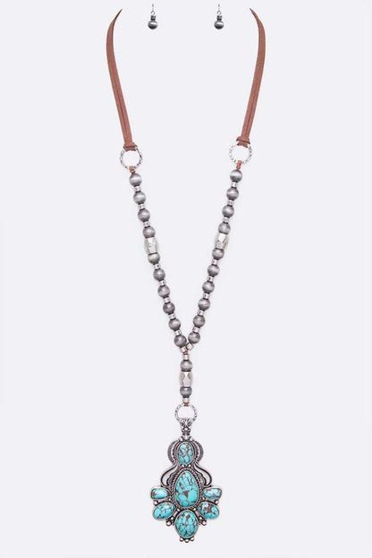 Western Stone Pendant Long Necklace Set