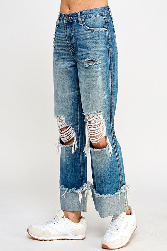 HIGH RISE DISTRESSED CUFFED STRAIGHT JEANS