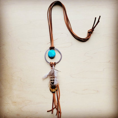 Tan Leather Necklace Blue Turquoise & Feather