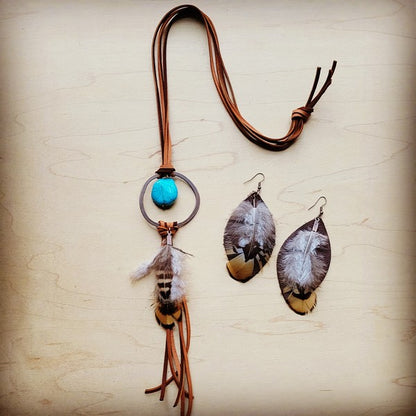 Tan Leather Necklace Blue Turquoise & Feather