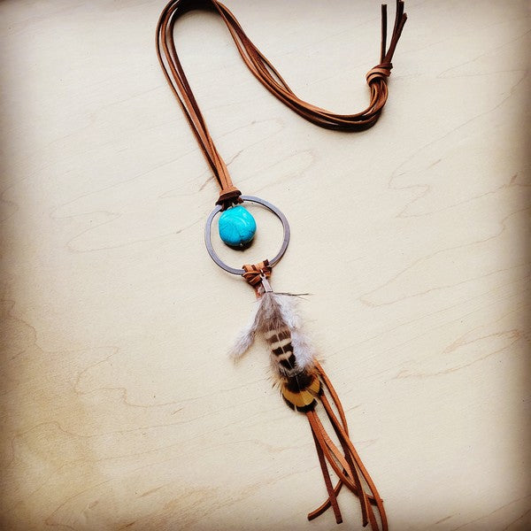 Tan Leather Necklace Blue Turquoise & Feather