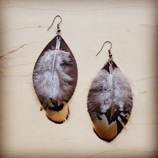 Western Leather Oval Earrings Brown Yellow Feather