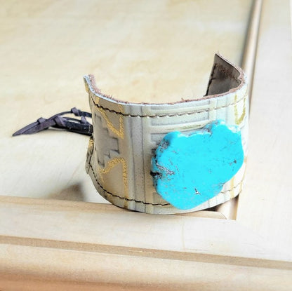 Wide Gilded Navajo Leather Cuff w/ Turquoise Slab