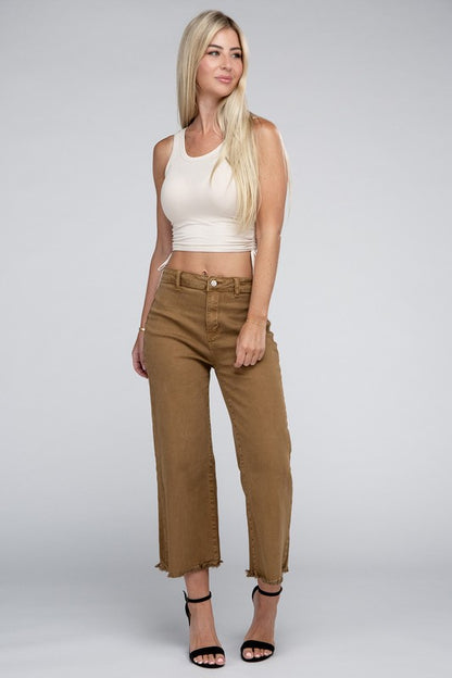 Acid Washed High Waist Frayed Hem Straight Pants