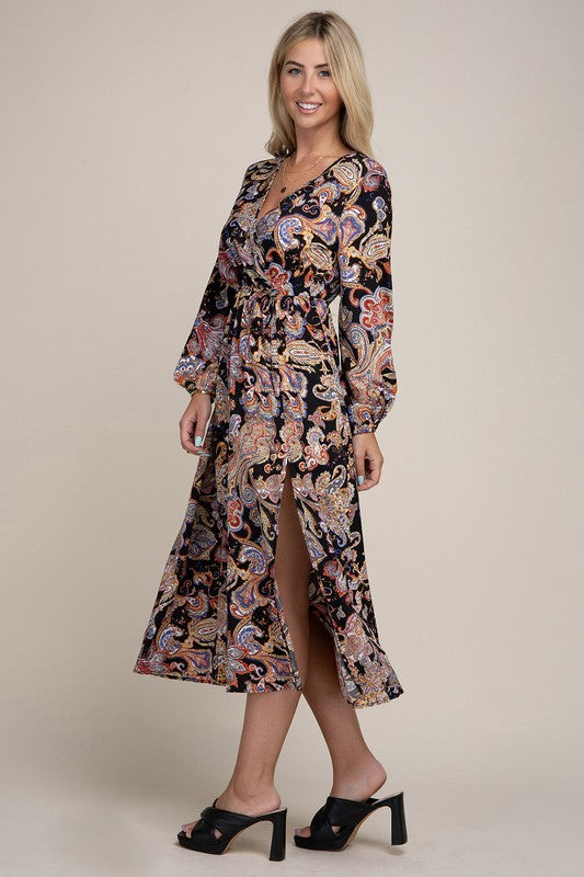 Paisley Print Shirred Waist A-line Dress