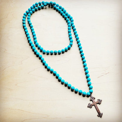 Long Turquoise Beaded Necklace w/ Copper Cross