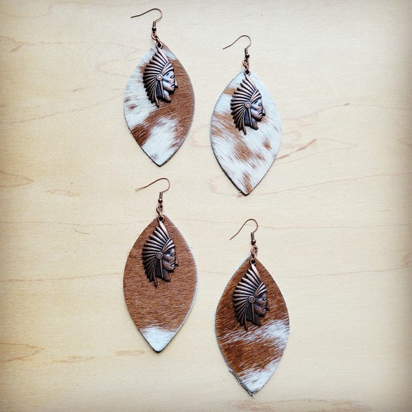 Tan & White Leather Hide Earrings w/ Indian