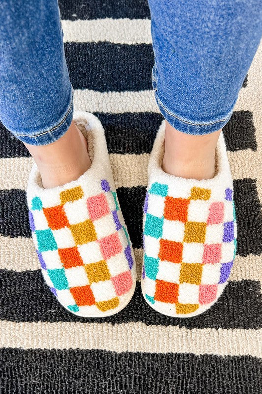 Vibrant Checkered Plush Thermal Slippers