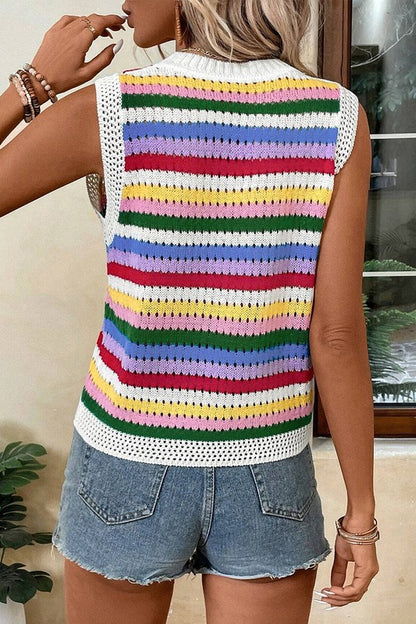 Women Striped Knitted Eyelet Slim Sweater Vest