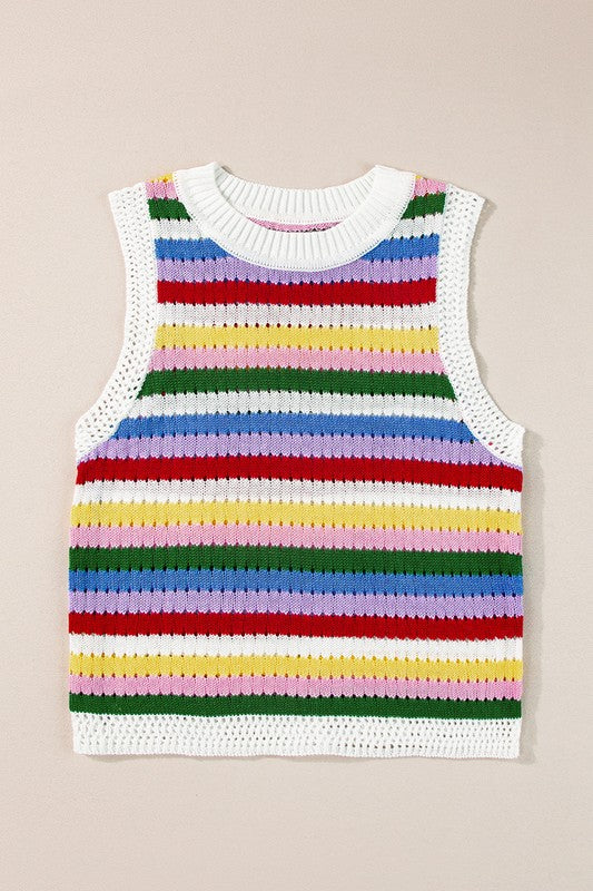 Women Striped Knitted Eyelet Slim Sweater Vest