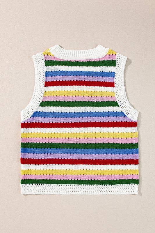 Women Striped Knitted Eyelet Slim Sweater Vest