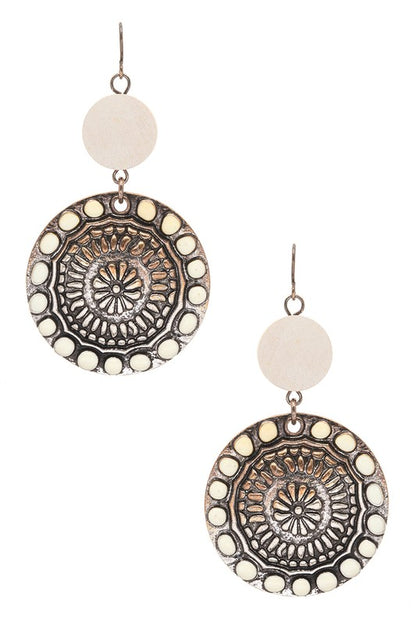 Wooden Disk Western Embossed Earrings