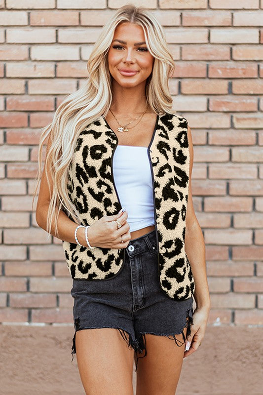 Leopard Print Sherpa Button Front Vest Coat