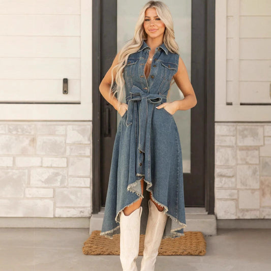 Women's Sleeveless Denim Midi Dress – Irregular Hem Button-Front