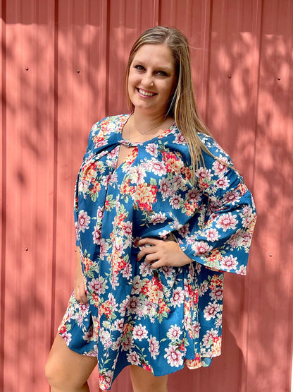 TEAL FLORAL KEYHOLE BELL SLEEVE DRESS- SALE