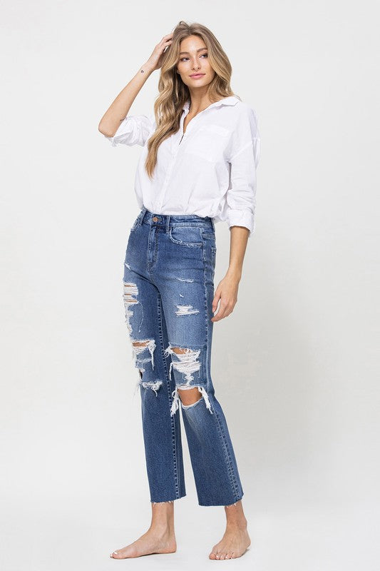 Distressed High Rise Ankle Relaxed Straight Jeans