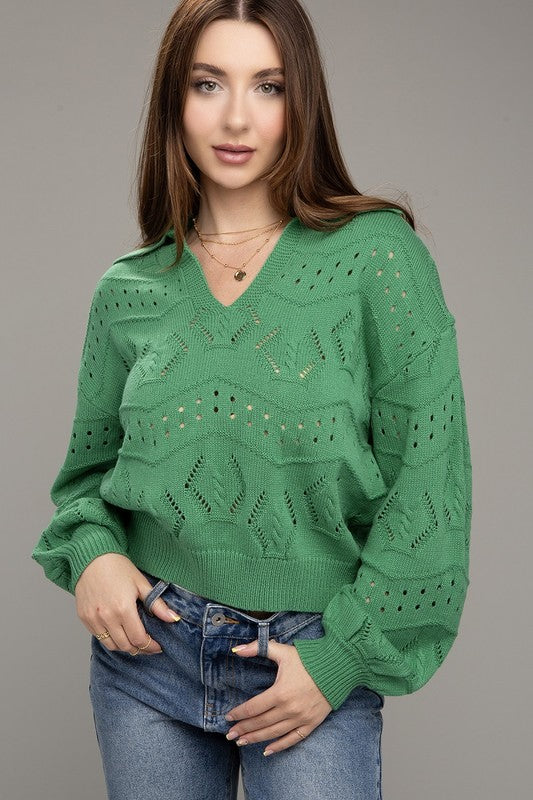 Hole-knit collared sweater