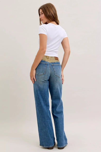 JUDY BLUE MR COLUMN STRAIGHT JEANS WITH CORDUROY WAIST