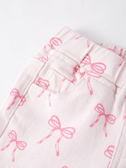 Fall Girls Pink Bow Print Elastic Flared Jeans Denim pant