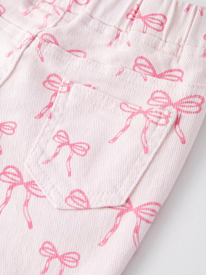 Fall Girls Pink Bow Print Elastic Flared Jeans Denim pant