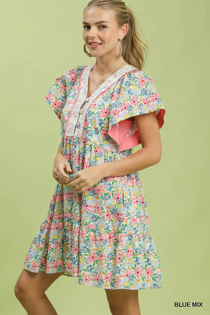 Umgee Mix Floral Tiered Mini Dress with Side Pockets