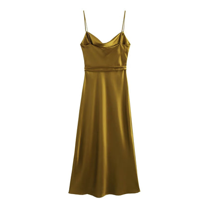 Spring European and American New Fashion Belt Silk Texture Dress