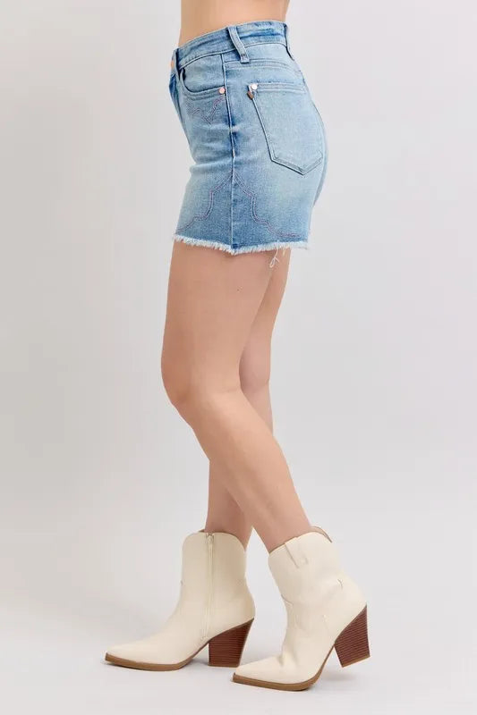 Judy Blue Full Size High Waist Western Embroidery Detail Cut Off Denim Shorts Plus Size