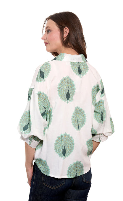 Milano Puff Sleeve Top Peacock Print Cotton Voile Ivory and Soft Green