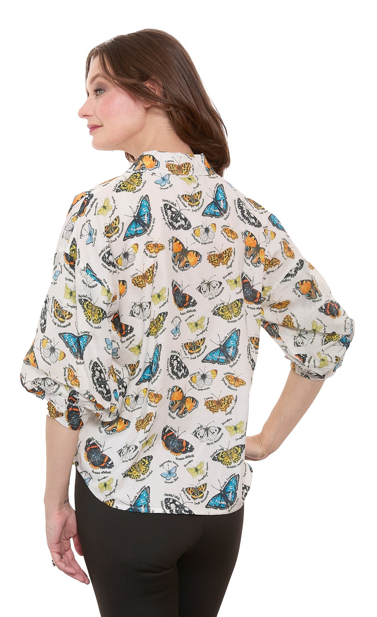 Milano Puff Sleeve Top Butterfly Print Cotton Voile Ivory Ground