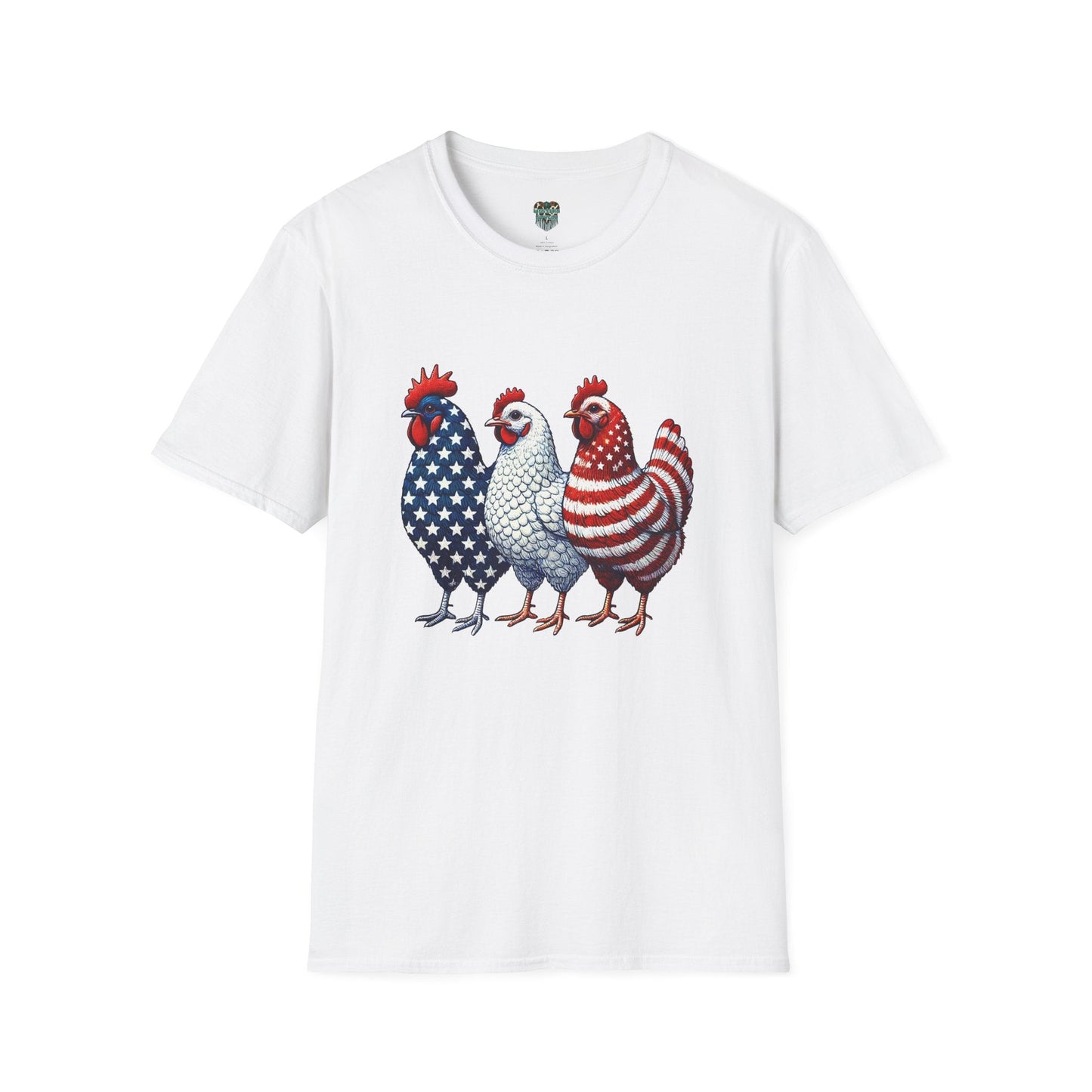 PATRIOTIC FARM CHICKENS TSHIRT - AMERICAN FLAG ROOSTER TRIO GRAPHIC TEE