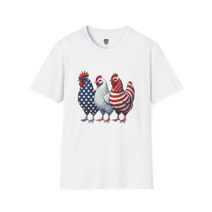 PATRIOTIC FARM CHICKENS TSHIRT - AMERICAN FLAG ROOSTER TRIO GRAPHIC TEE
