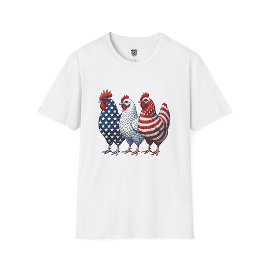 PATRIOTIC FARM CHICKENS TSHIRT - AMERICAN FLAG ROOSTER TRIO GRAPHIC TEE