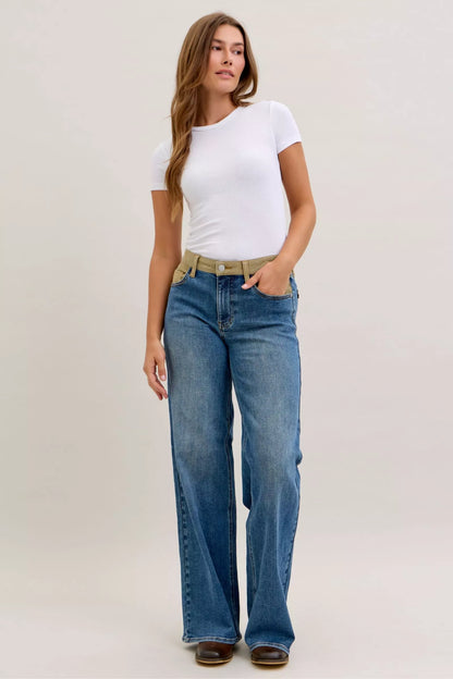 JUDY BLUE MR COLUMN STRAIGHT JEANS WITH CORDUROY WAIST