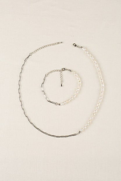 Natural pearl chain bracelet, necklace set - sil