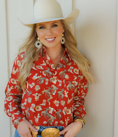 The Red Cactus Pearl Snap Top