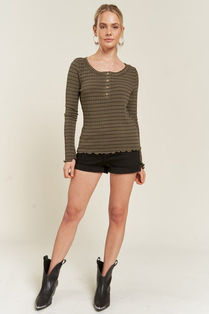 PLUS LONG SLEEVE BUTTON DOWN TOP WITH RUFFLED HEM